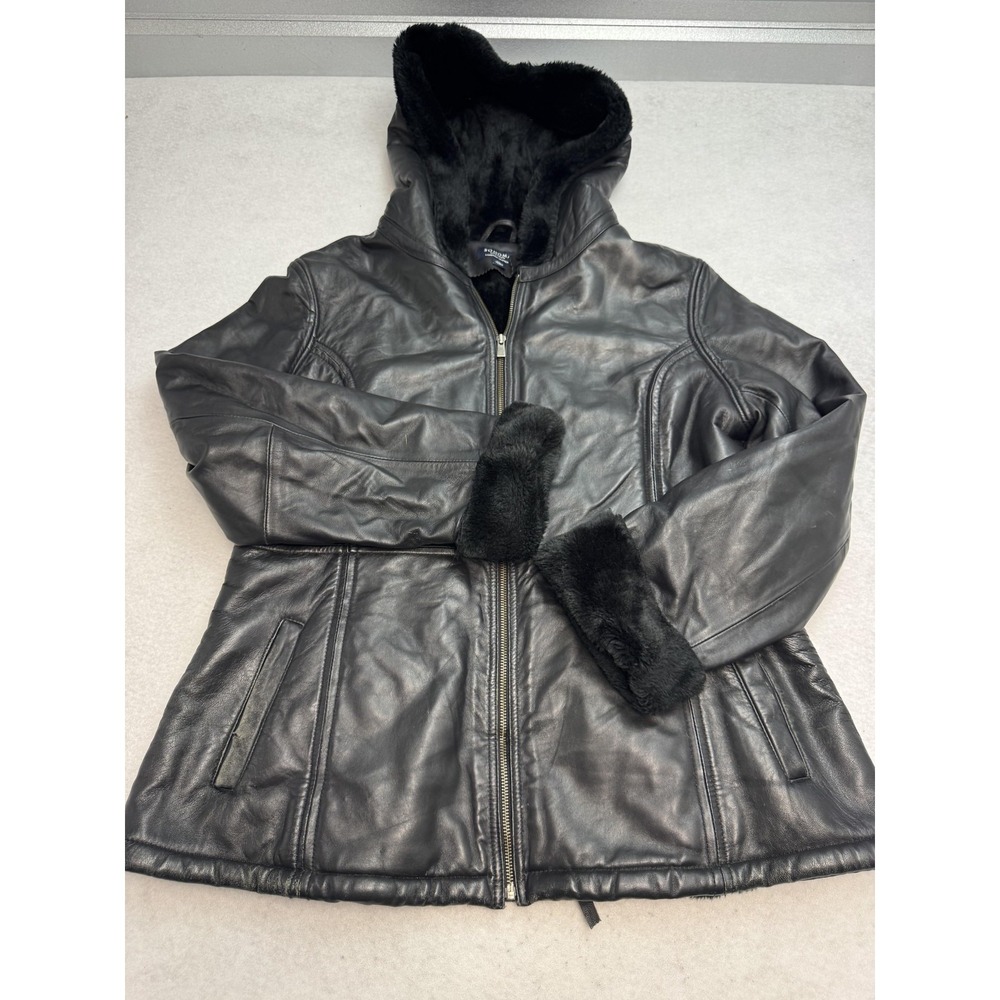 Sonoma Life+style Coat Womens XL Black Lambskin Leather Hooded Faux‎ Fur Lined